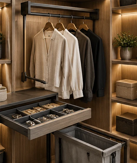Closet with pull-down rod, jewelry drawer and hamper (illustrative)