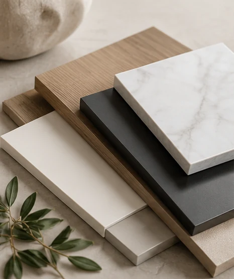 Finish samples in wood, white, charcoal and stone looks (illustrative)