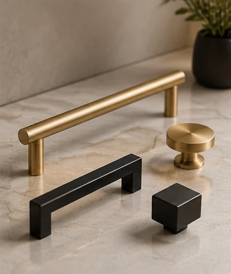 Cabinet pulls and knobs in brushed brass and matte black (illustrative)