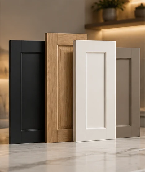 Cabinet door styles in black, oak, white and taupe (illustrative)